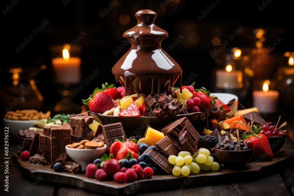 Exquisite and decadent chocolate fondue fountain with a variety of dippable treats, a luxurious and interactive dessert concept for special occasions