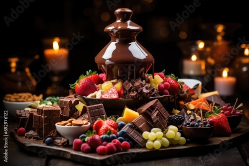 Exquisite and decadent chocolate fondue fountain with a variety of dippable treats  a luxurious and interactive dessert concept for special occasions