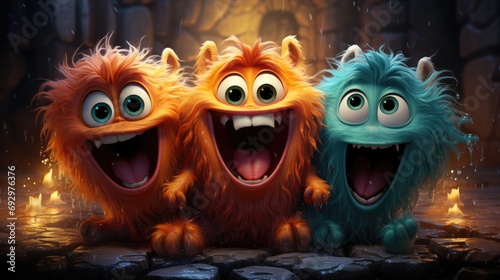 Fluffy cute but scary monster, character in the style of cartoon and children's fairy tales, for children of all ages, beautiful bright illustration wallpaper