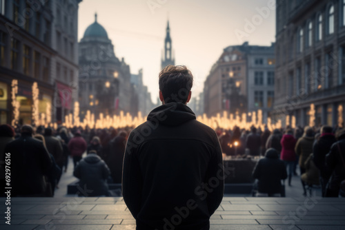 A moment of silence in a bustling city square, encouraging individuals to pause and embrace the stillness within. Generative Ai.