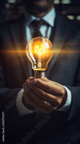 Businessman hand holding a light bulb, innovation, idea and inspiration concept