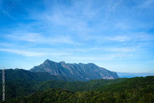 Beautiful landscape of Doi Luang Chiang Dao Mountain Peak on viewpoint in the National Park in the morning with green natural forest at Chiang Dao District, Chiang Mai, Thailand.