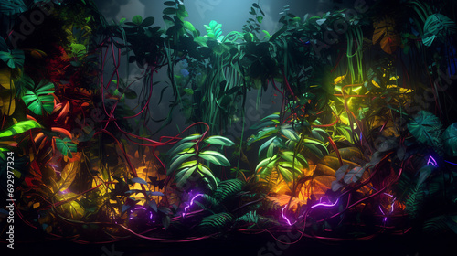 Neon light graffiti featuring a network of green and brown vines on a jungle 3D background