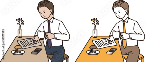 illustration of a man reading a newspaper while drinking coffee