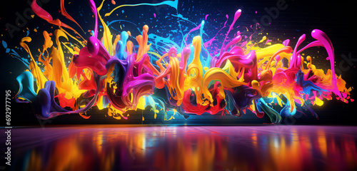 Vibrant neon light graffiti with abstract  multicolored splashes on a splashy 3D surface