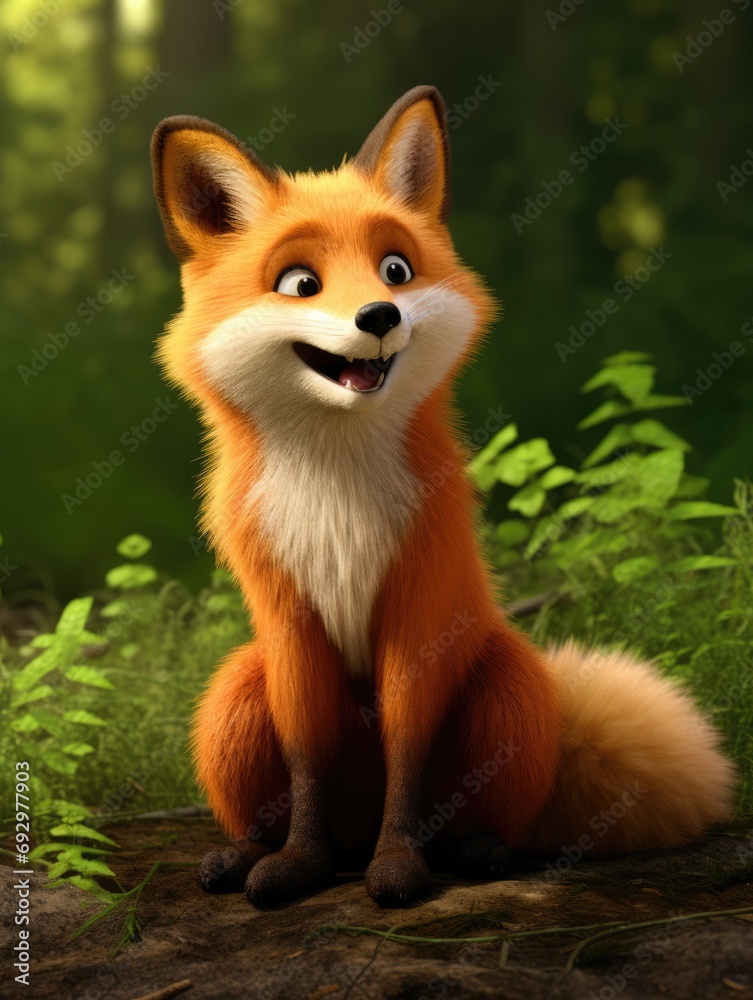 Bright illustration with animal Fox in a 3D cartoon style for children up to school and school age, beautiful characters of wild and domestic animals