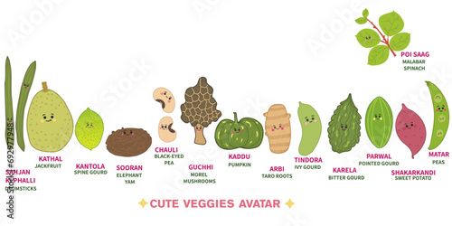 distinctive Asian veggies set in cute avatar, vector isolated design,healthy food, fit food, Spine gourd	,Kantola,Elephant yam,guchhi,morel  photo