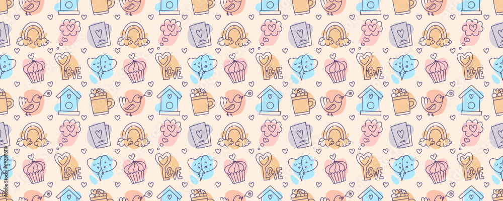 Valentines Day doodle style candy color seamless pattern, hand-drawn love theme icons cute background. Romantic mood collection. Valentines Day doodle style candy color seamless pattern, hand-drawn love theme icons cute background. Romantic mood collection.