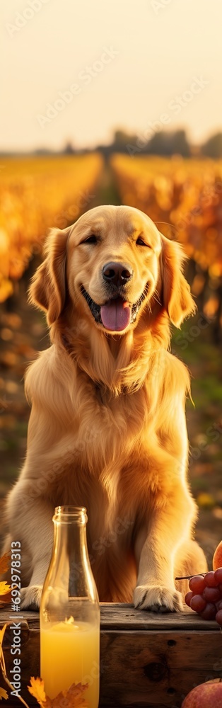 Golden retriever dog with wine bottle and glasses in field outdoors, vertical, fall harvest season, autumn, Thanksgiving