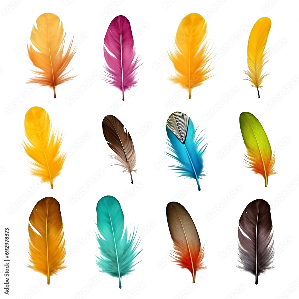 Collection of colorful feathers isolated on transparent background Generative AI Collection of colorful feathers isolated on transparent background Generative AI