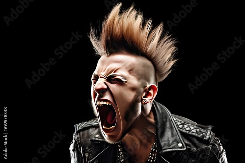 screaming rocker punk young Angry 20s adult anger background delinquent enraged fashion furious fury gangster guy coiffure isolated jacket leather lifestyle loud mad male man misunderstood mohawk 1 photo