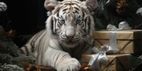 Tiger Christmas and New Year 2024 with New Year's attributes, cartoon characters in 3D animation style, holiday celebration atmosphere