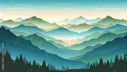 Gradient color background image with a peaceful mountain range theme  featuring a blend of cool blues and earthy greens  capturing the tranquility of