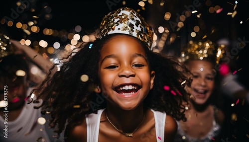 Happy diverse children having kid's Happy Birthday party with confetti and shimmering glitter birthday hats