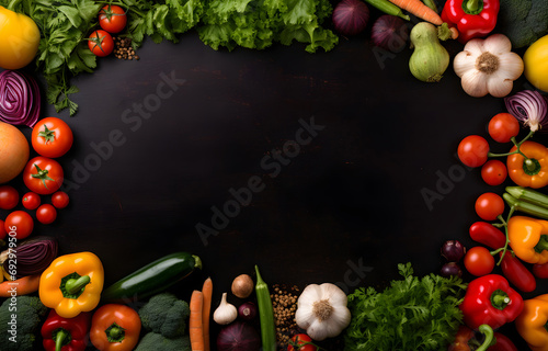 Fresh raw vegetables with black beans on a black chalkboard top view