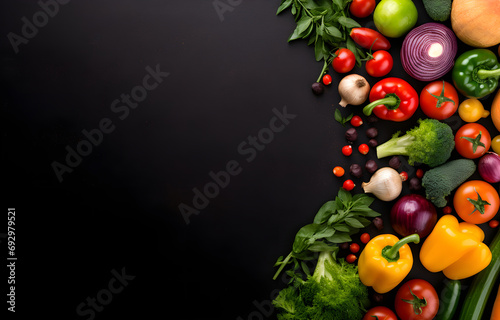 Fresh raw vegetables with black beans on a black chalkboard top view