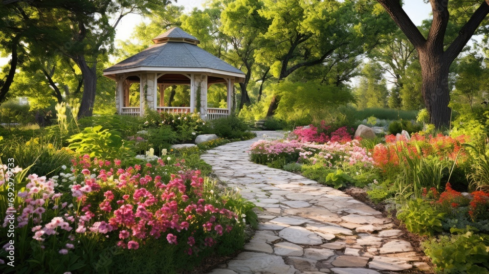 Explore the Beauty of a Wildflower Garden with a Pathway Leading to a Cozy Gazebo - Landscaping and Gardening at Its Best