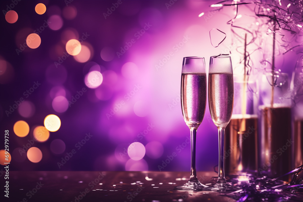 Elegant Celebration Concept: Sparkling Champagne Flutes with Festive Background - Luxury Toasting, New Year's Eve Party, Romantic Celebration, Bubbly Beverage, Glittering Lights, Party Ambiance Elegant Celebration Concept: Sparkling Champagne Flutes with Festive Background - Luxury Toasting, New Year's Eve Party, Romantic Celebration, Bubbly Beverage, Glittering Lights, Party Ambiance