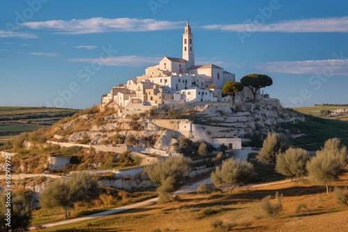 SS Church on Hilltop. Locorotondo Town and Chiesetta Rettoria Maria SS Annunziata Church with Trulli Houses Below in Apulia, Italy's Valle d'Itria photo