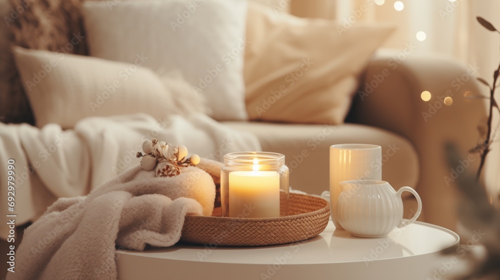 Modern winter hygge Christmas set in living room. pastel beige light interior elements, soft pillows, plaid on sofa with burning aroma candle