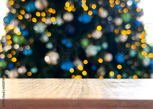 Empty Wooden Table Top With Blurred Christmas Tree Light, Bokeh Light Backgrounds For Product, Presentation, Display, Mock up