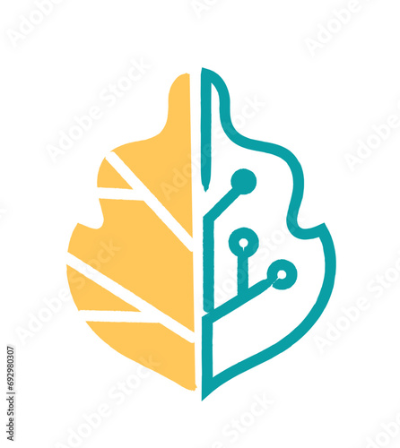 Leaf consisting of biological and technologcal parts, biotechnology concept