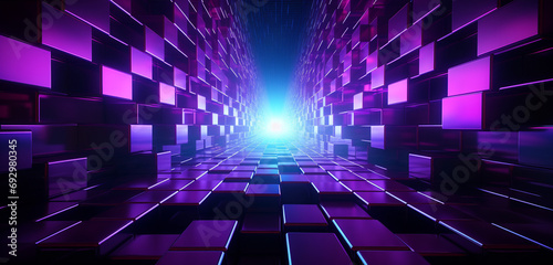 Vibrant neon light graffiti with a series of purple and black grids on a digital 3D surface