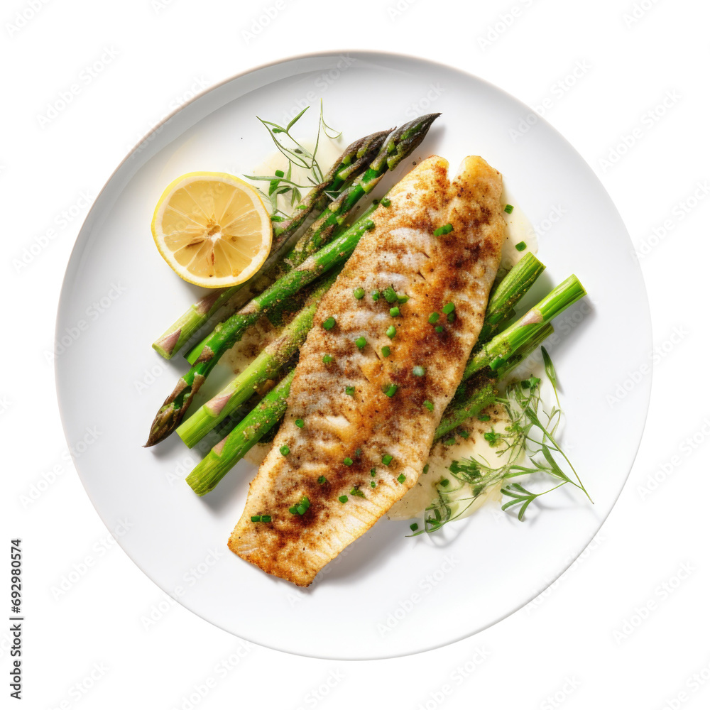 Delicious Plate of Flounder and Asparagus Isolated on a Transparent Background