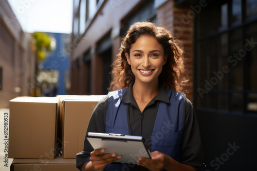 Positive female worker in uniform with checklist managing parcel boxes in warehouse. Young Caucasian woman employee holding tablet working in logistic industry. Import-export delivery concept. photo