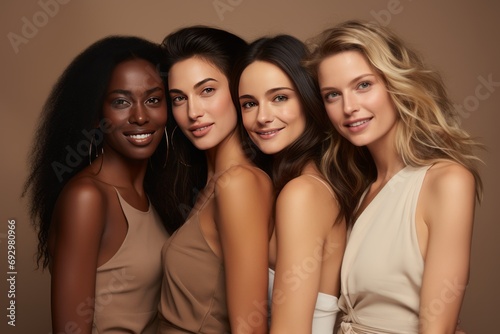 Half-length studio portrait of four cheerful young diverse multiethnic women. Female models smiling at camera while posing together. Diversity, beauty, friendship concept. Beige monochrome background.