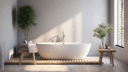 Interior of modern minimalist bathroom in luxury home or apartment. Light grey walls  freestanding bathtub  wooden cabinet with countertop sink  indoor plants  large panoramic window. Mockup.