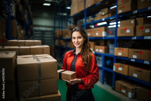 Positive female worker in uniform with checklist managing parcel boxes in warehouse. 