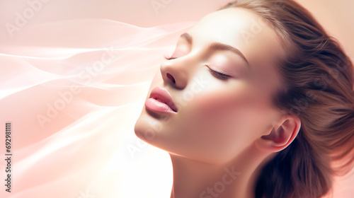 Beautiful young woman face with closed eyes on pastel pink glowing background. Beauty skin care make up cosmetics concept banner