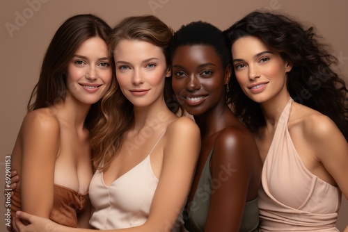 Half-length studio portrait of four cheerful young diverse multiethnic women. Female models smiling at camera while posing together. Diversity, beauty, friendship concept. Beige monochrome background.
