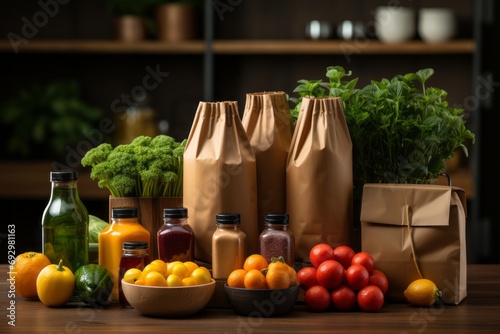 Still life with organic farm products on a grocery store counter. Fresh vegetables  tomatoes  cucumbers  broccoli  lemons  greenery. Bottles and jars with organic sauces. Black background.