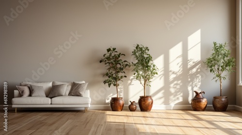 Interior of modern minimalist white living room. Empty wall, hardwood floor, comfortable sofa with cushions, indoor plants in floor pots, beautiful light from the window. Mockup.