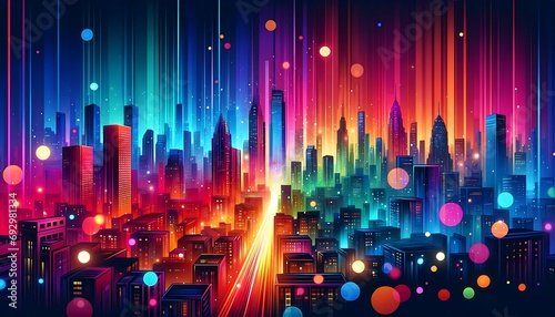 Gradient color background image with a vibrant city lights theme, featuring a blend of vivid neon colors and urban hues, capturing the dynamic and liv photo