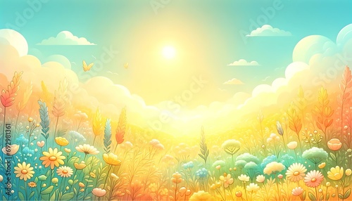 Gradient color background image with a warm summer meadow theme, featuring a blend of sunny yellows, soft greens, and sky blues, capturing the vibrant © Hans