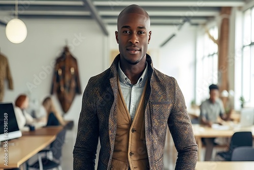 office modern standing designer male African business happy working young background black casual attire colleague co-worker creative design executive fashion photogenic horizontal looking man photo