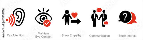A set of 5 Active Listening icons as pay attention, maintain eye contact, show empathy