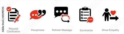 A set of 5 Active Listening icons as request clarification, paraphrase, refresh message