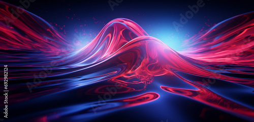 Dynamic neon light graffiti featuring a fusion of red and blue water ripples on a tranquil 3D surface