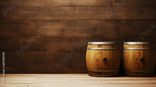 Two wooden barrels on wooden background in cellar of vinery. Generative AI