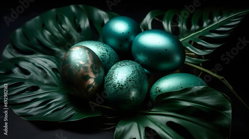 Green glossy metallic neon eggs with monstera leaves