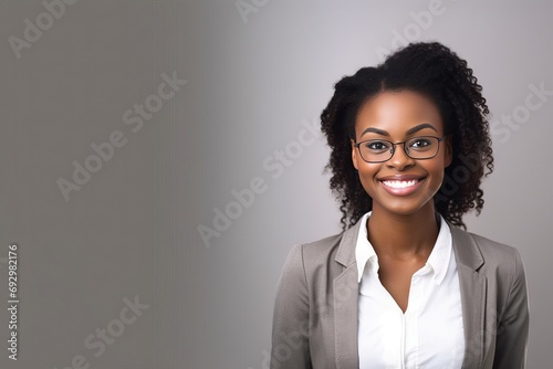 Shot Studio Camera Smiling Girl Business American African career banner professional female successful free space employee work white young lady grey entrepreneur employer secretary cheerful