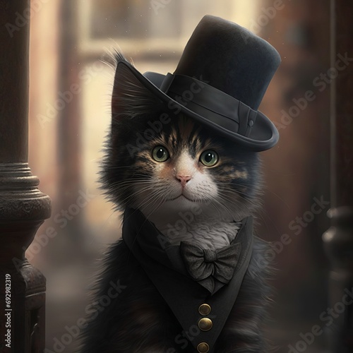 Realistic lifelike glam cute kitty , chimney sweep style sooty-faced animal elegant worker on the street with tie cat portrait Generative AI 