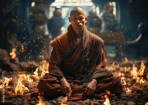 An ascetic Buddhist monk sitting in a lotus position in a dimly lit cave surrounded by a burning flame