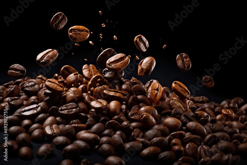 levitating coffee beans in close-up on a black background