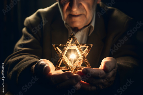 old man with a star of david in his hands photo