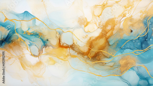 Marble ombre  alcohol ink  abstract art. Background made of white  gold and light blue paints  gold veins. Generative AI